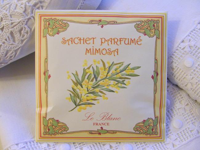 Charmant Sachet parfumé au Mimosa, décor encadré Art Nouveau