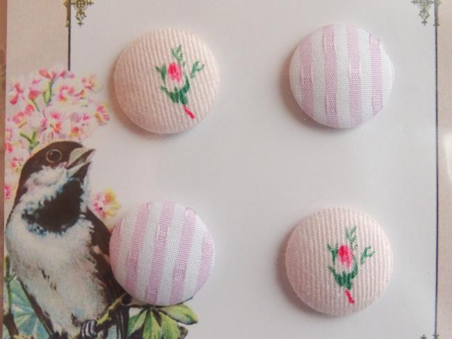 Carte de 4 boutons recouverts de tissu ancien rayé et fleuri rose & blanc 18mm