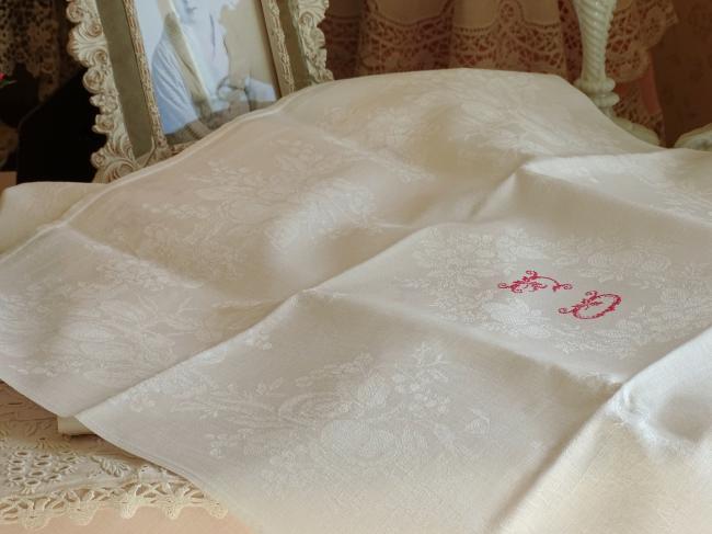 11 belles serviettes en damassé avec monogramme fleuri FD rouge