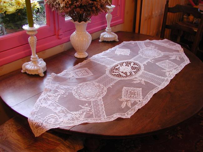 Marvellous Normandy large table runner white embroidery&Valenciennes, fillet