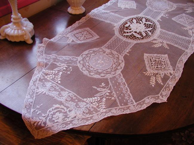 Marvellous Normandy large table runner white embroidery&Valenciennes, fillet