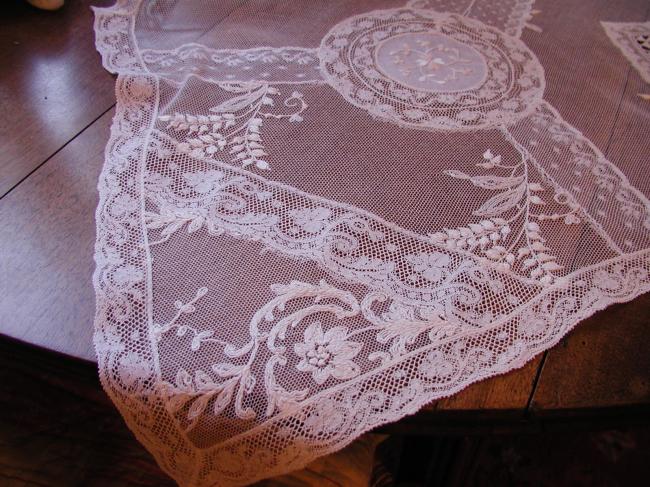 Marvellous Normandy large table runner white embroidery&Valenciennes, fillet