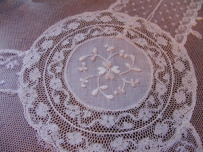 Marvellous Normandy large table runner white embroidery&Valenciennes, fillet