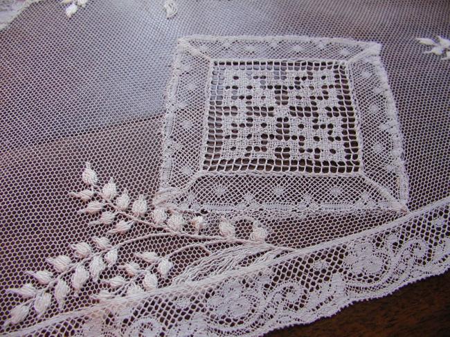 Marvellous Normandy large table runner white embroidery&Valenciennes, fillet