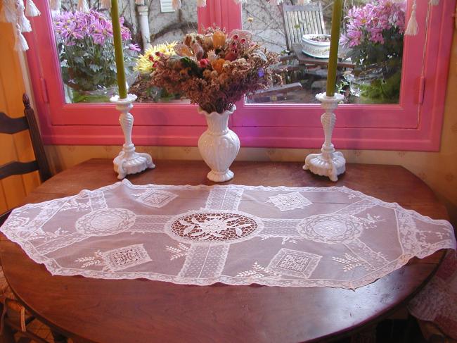 Marvellous Normandy large table runner white embroidery&Valenciennes, fillet