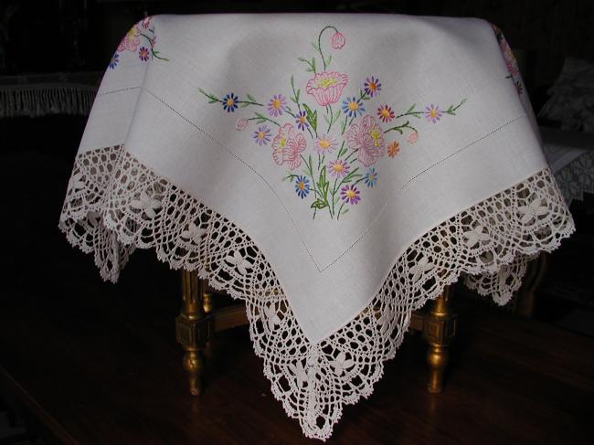 Stunning tablecloth with  embroidered flowers and Cluny lace.