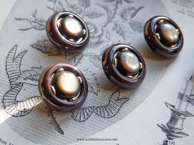 Beau bouton vintage de style Haute Couture marron & nacre 1960 Ø 28mm