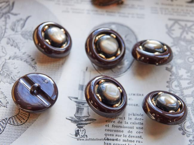 Beau bouton vintage de style Haute Couture marron & nacre 1960 Ø 28mm