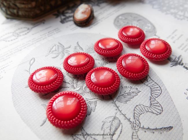 Lot de 18 boutons vintage ultra chic, rouge-orangé perlé 1960 Ø 26-22-18 mm