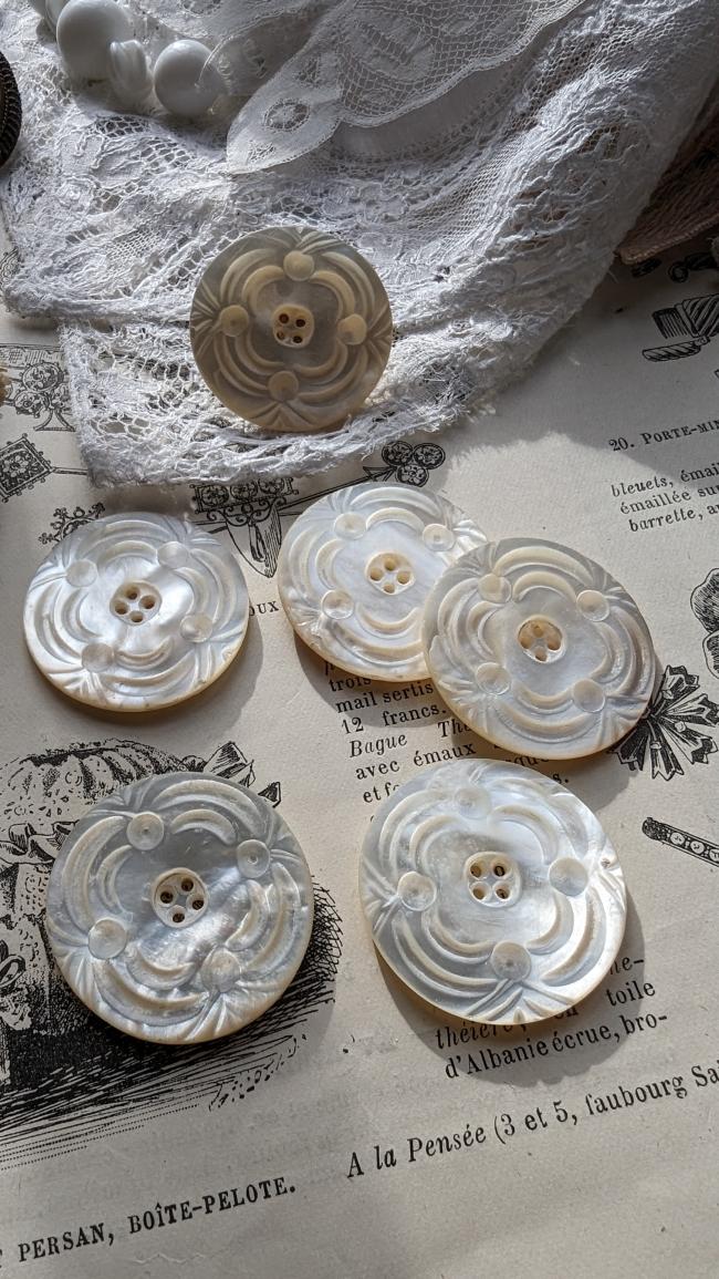 Rare série de 6 fabuleux anciens grands boutons de nacre ciselée XIXe