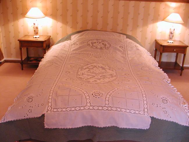 An exceptional victorian embroidered and inserts of filet bed cover