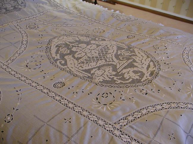 An exceptional victorian embroidered and inserts of filet bed cover