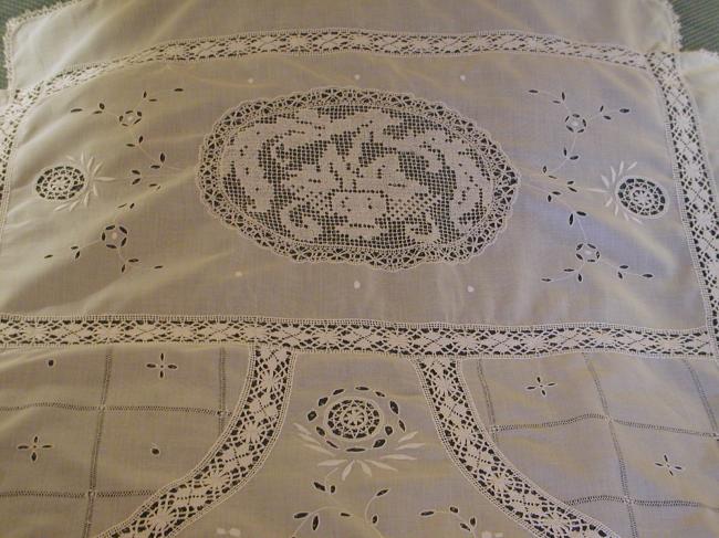 An exceptional victorian embroidered and inserts of filet bed cover