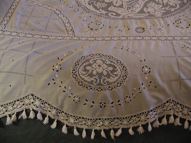 An exceptional victorian embroidered and inserts of filet bed cover