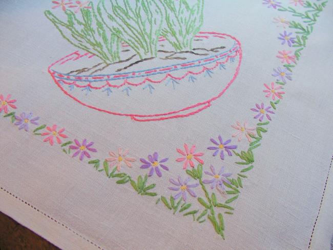 Really beautiful tablecloth with hand-embroidered hyacinths bowls