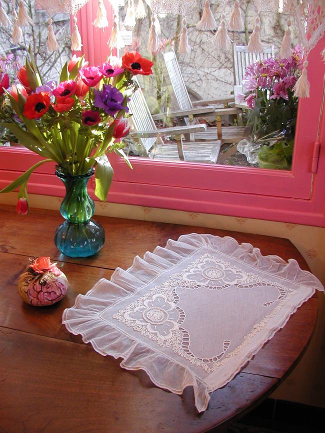 Striking small boudoir pillow or cushion case in embroidered net 19th century