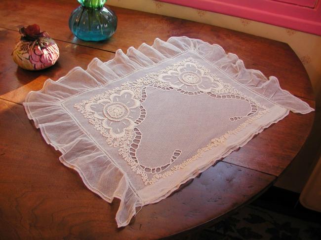 Striking small boudoir pillow or cushion case in embroidered net 19th century