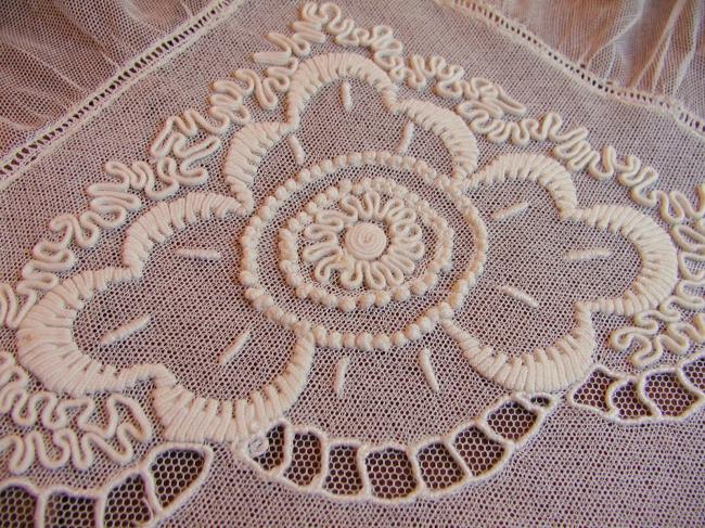 Striking small boudoir pillow or cushion case in embroidered net 19th century