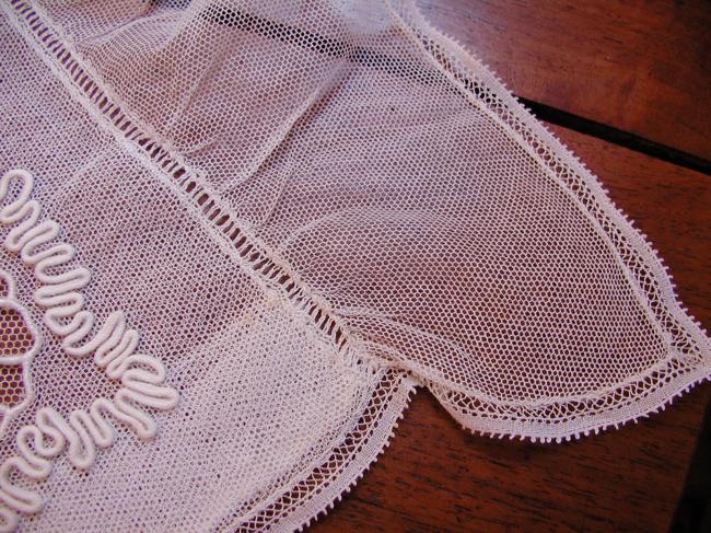 Striking small boudoir pillow or cushion case in embroidered net 19th century