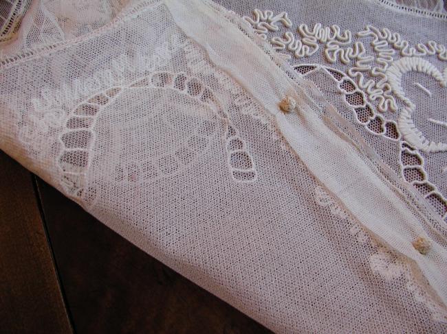 Striking small boudoir pillow or cushion case in embroidered net 19th century