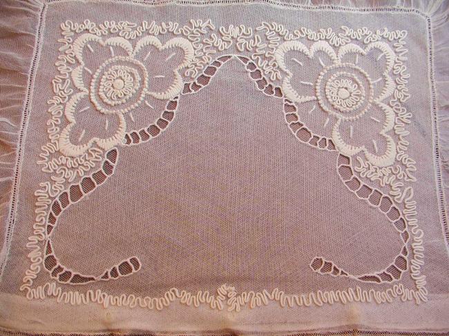 Striking small boudoir pillow or cushion case in embroidered net 19th century