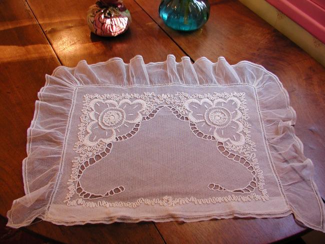 Striking small boudoir pillow or cushion case in embroidered net 19th century