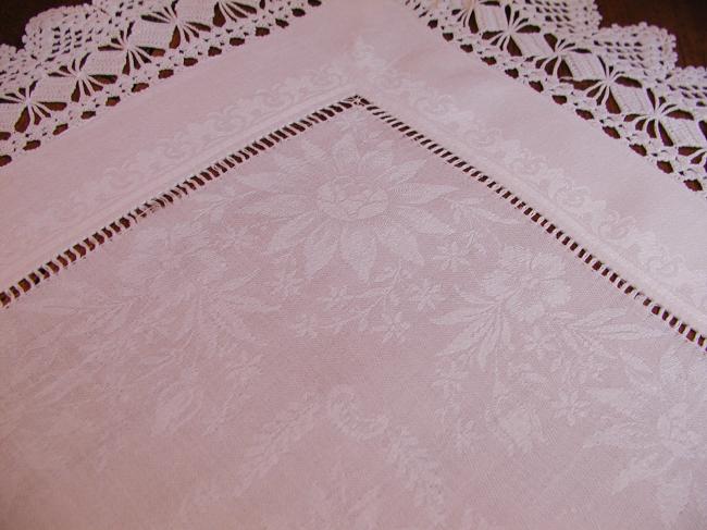 Gorgeous table centre in damask  of flowers with lovely hand-made lace