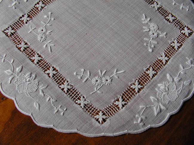 Charming little pina round doily with lovely hand embroidered flowers in silk.