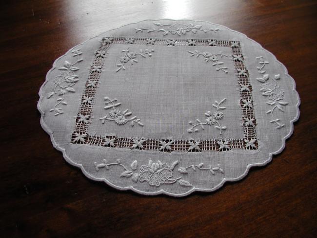 Charming little pina round doily with lovely hand embroidered flowers in silk.