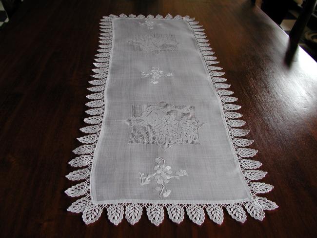 Lovely Pina table runner with peacock and cherry flowers embroidered(#1)