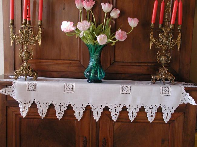 Beautiful Richelieu embroidered and filet insertions mantelpiece cloth