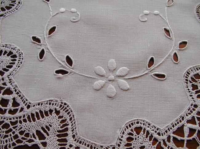 Lovely centre table with Cluny lace and white embroidery
