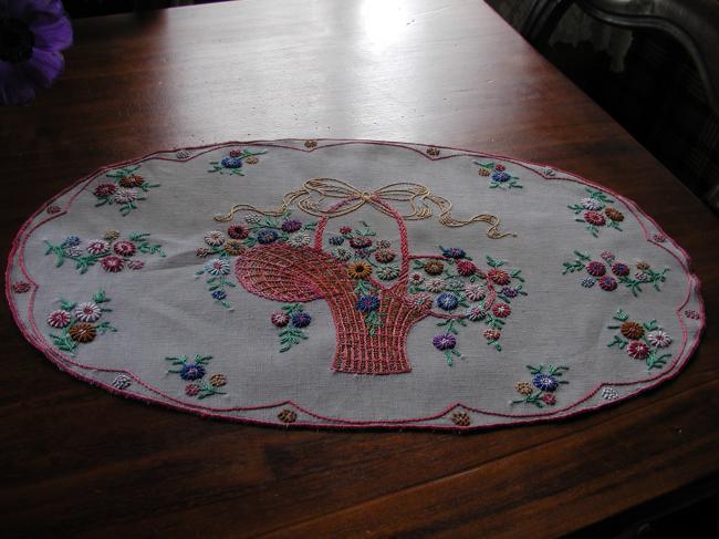 Really beautiful oval table centre with embroidered basket of flowers