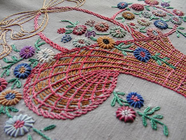 Really beautiful oval table centre with embroidered basket of flowers