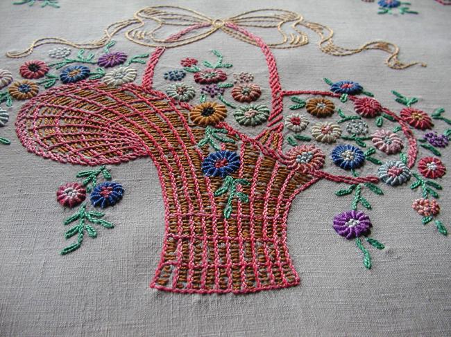 Really beautiful oval table centre with embroidered basket of flowers