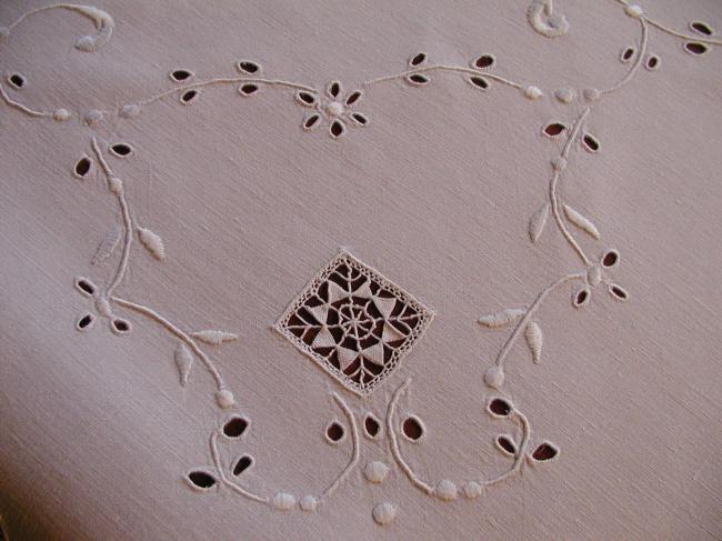 Gorgeous tablecloth with embroidered garland of flowers and Cluny lace.