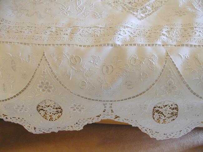 Exceptional hand-embroidered  bed cover with Venizia inserts with nudes 1890