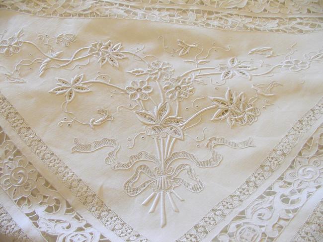 Exceptional hand-embroidered  bed cover with Venizia inserts with nudes 1890