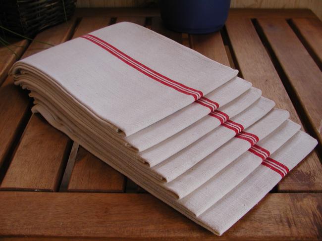 Pretty set of 7 tea towels with red band in linen and hemp