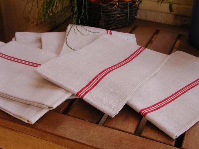 Pretty set of 7 tea towels with red band in linen and hemp