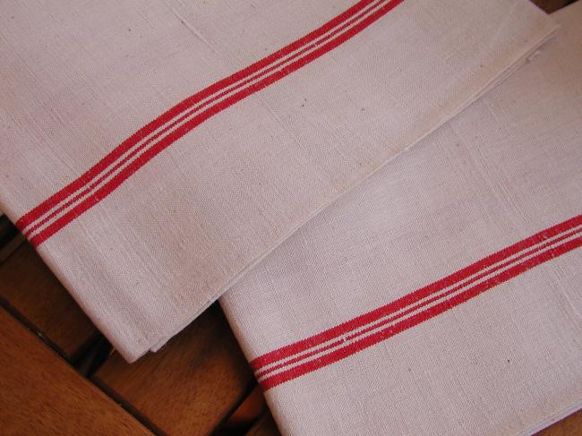 Pretty set of 7 tea towels with red band in linen and hemp