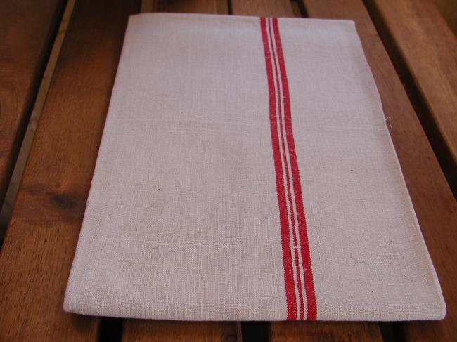 Pretty set of 7 tea towels with red band in linen and hemp