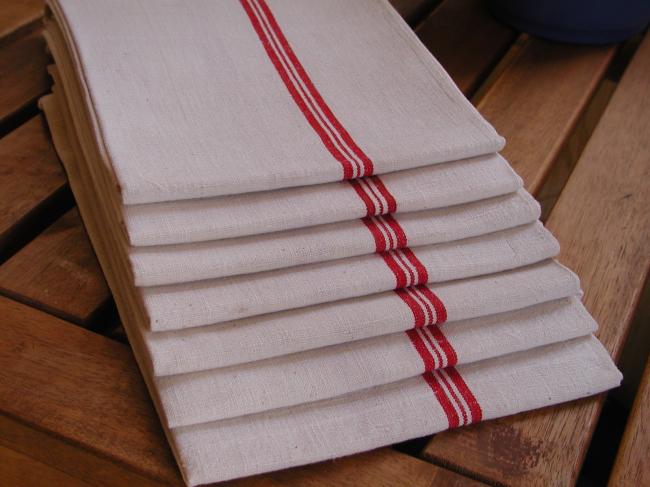 Pretty set of 7 tea towels with red band in linen and hemp