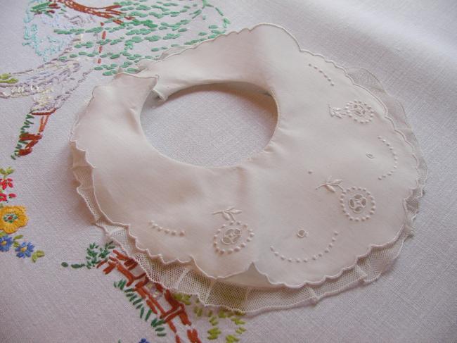 Adorable double baby bib with hand embroidered flowers and net lace