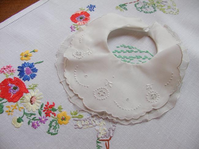 Adorable double baby bib with hand embroidered flowers and net lace