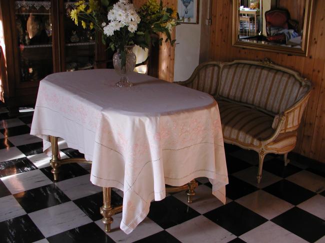 Stunning 19th century silk tablecloth with embroidered flowers.