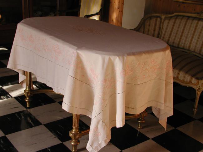 Stunning 19th century silk tablecloth with embroidered flowers.