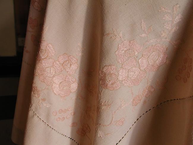 Stunning 19th century silk tablecloth with embroidered flowers.