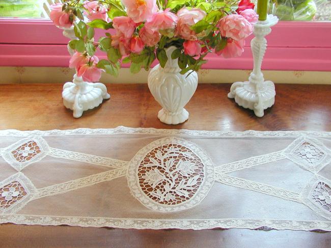 Marvellous Normandy table runner in net with inserts of Venizia, Fillet & laces