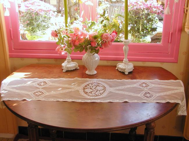 Marvellous Normandy table runner in net with inserts of Venizia, Fillet & laces